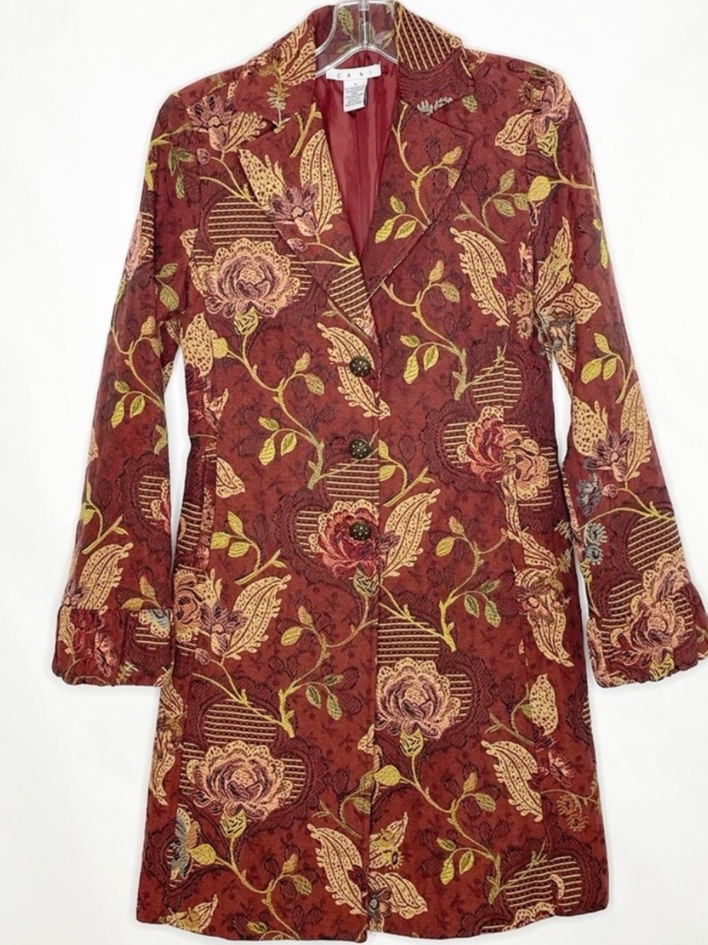 CABI Jacobean Tapestry Coat Floral Brocade Burgundy Pockets